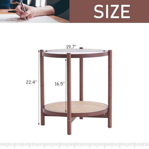 Tiita Rattan Coffee Table, Large Round End Table, 27.6 Inch Modern Side Table, Living Room Side Table, Glass Sofa End Table for Balcony and Office Outdoor/Indoor (Wood)