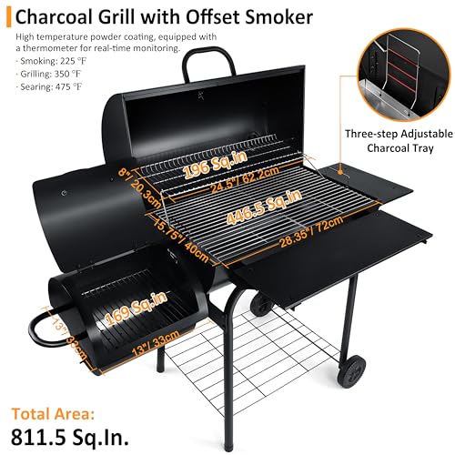 Charcoal Grill with Offset Smoker, Leonyo 13 Pcs Outdoor Charcoal Grill with Smoker, 445 Sq.in Barrel BBQ Grill with Cover & Chimney Starter, Barbecue Camping Charcoal Grills for Outdoor Backyard