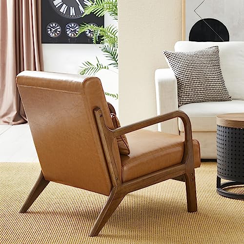 Glitzhome 2 Set Mid Century Black Accent Armchair, Single Reading Armchair PU Leather Lounge Chair with Walnut Ruberwood Frame
