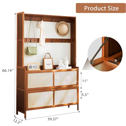 Bamboo Hall Tree with Shoe Storage, Bamboo Shoe Cabinet for Entryway, 14 Shoe Cubbies & 8 Coat Hooks, Freestanding Shoe Rack Coat Rack with Storage Shelves, 8 Hooks for Hallway, Bedroom, Rustic Brown