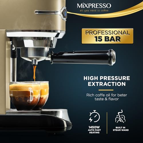 Mixpresso Professional Espresso Machine for Home 15 Bar with Milk Frother Steam Wand, Espresso Maker with Double-Cup Splitter 1450w Fast Heating, Cappuccino and Latte machine 37Oz Water Tank