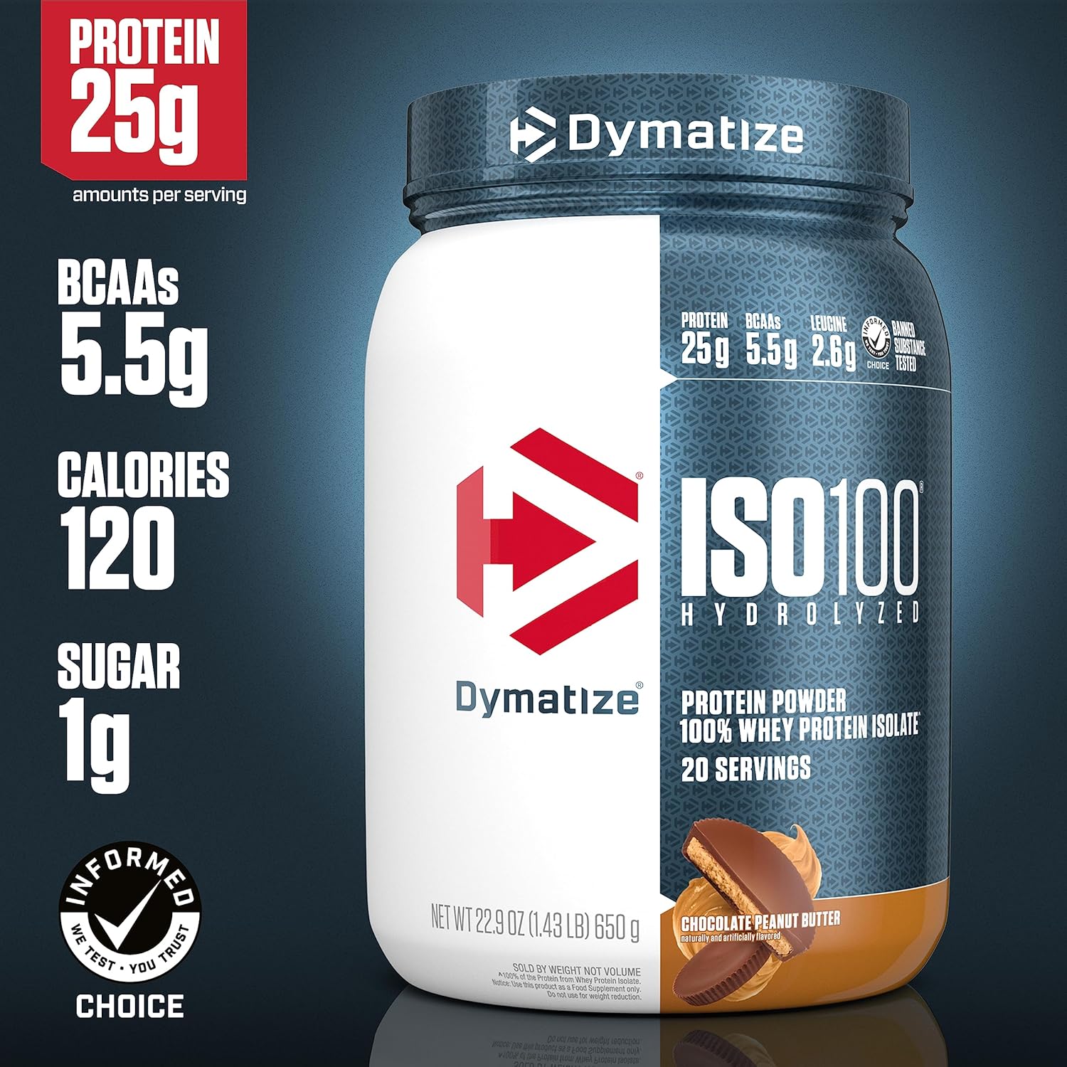 Dymatize ISO100 Whey Protein Powder with 25g of Hydrolyzed 100% Whey Isolate, Gluten Free, Fast Digesting, Chocolate Peanut Butter, 20 servings