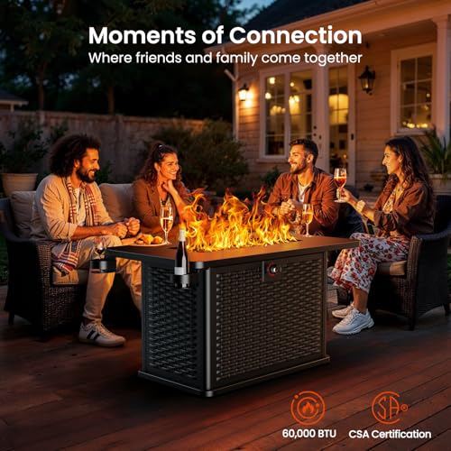 AMADA HOMEFURNISHING 43 Inch Propane Fire Pit Table, 60,000 BTU Gas Fire Pit with Lava Rocks, Waterproof Cover, Removable Lid, Cup Holders, 2-in-1 Fire Table for Patio, Backyard, Garden, Black