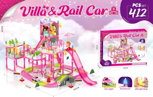 Dream Dollhouse, Racing Track, Dolls House playset with Toy Furniture and 4 Level Slide, Furniture, 3 Doll and 1 Buggy Toy and 10+ Tracks Pet and Puppy Play Area 13 Rooms