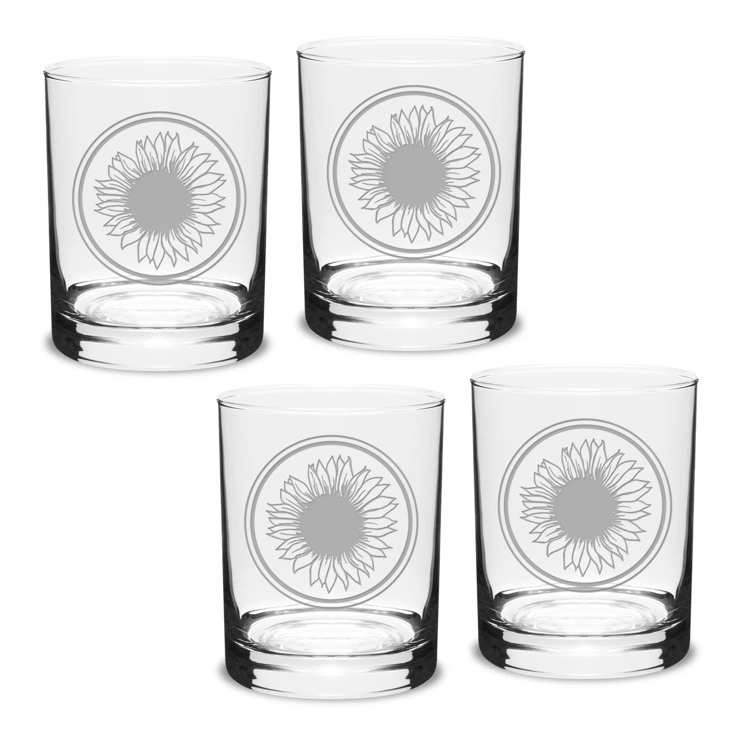 Sunflower Deep Etched Double Old Fashion Glass Set of 4