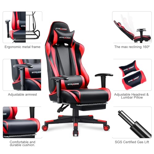 GTRACING Gaming Chair with Footrest, Ergonomic Computer Game Desk Chair, Reclining Game Chair Seat Height Adjustment, Swivel Rocker with Headrest and Lumbar (Blue)