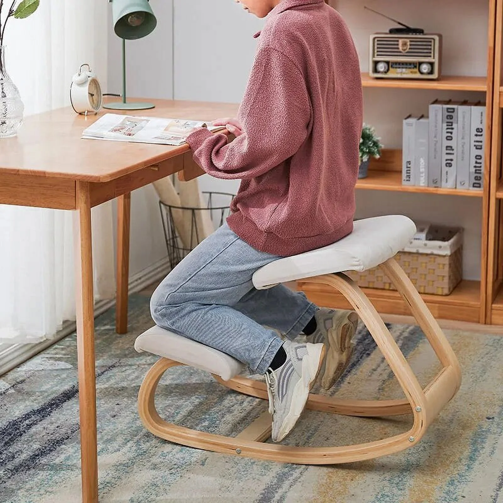 Posture Home Ergonomic Improving Body Kneeling Chair Stool W/ Thick Cushion Office Chair Rocking Wood Knee Computer Chair