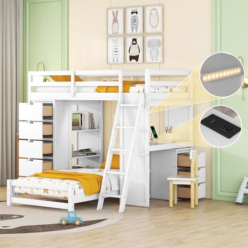 CITYLIGHT Full Over Twin Bunk Bed with Desk, Wood Full Size Loft Bed with Storage Shelves, Wardrobe & A Twin Platform Bed Frame for Kids Teens Adults, Gray