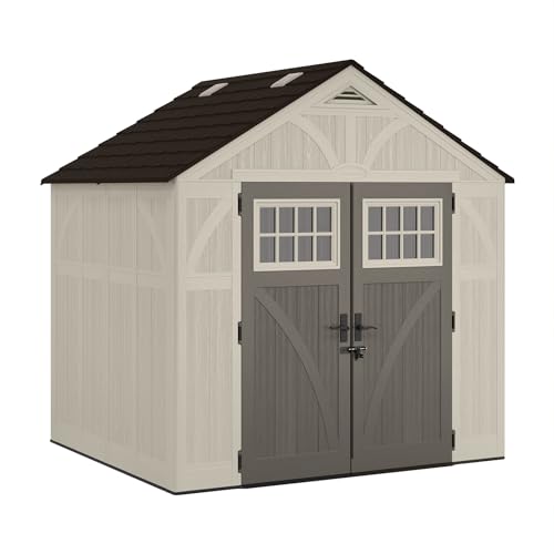 Suncast 8' x 7' Heavy-Duty Resin Tremont Storage Shed with Reinforced Floor, Skylights for Natural Light, Lockable Double Doors, Cream, Made in the USA