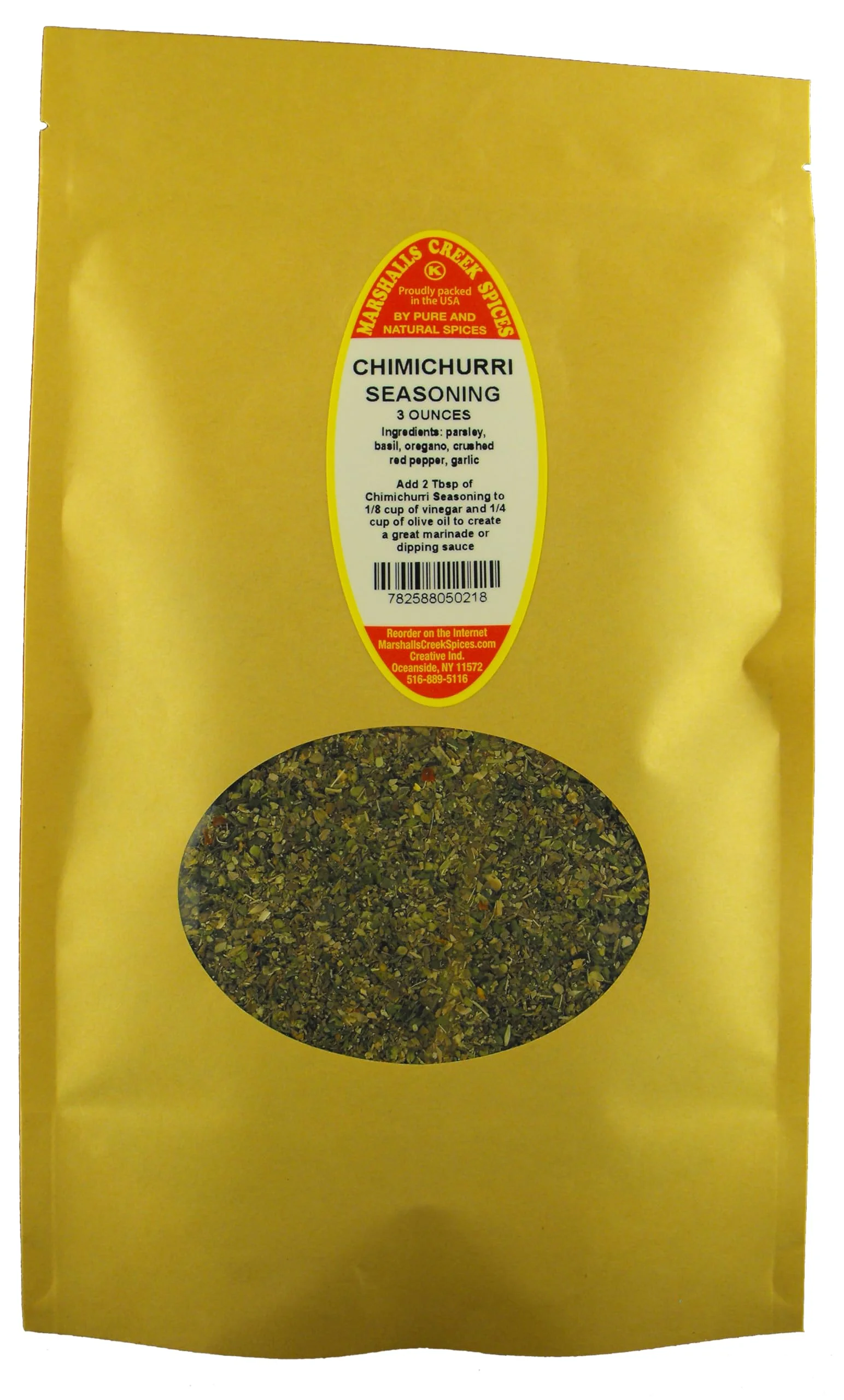 Marshalls Creek Spices Chimichurri 3 ounce ECO Friendly Kraft Stand-up Pouch. Makes a great marinade or dipping sauce.