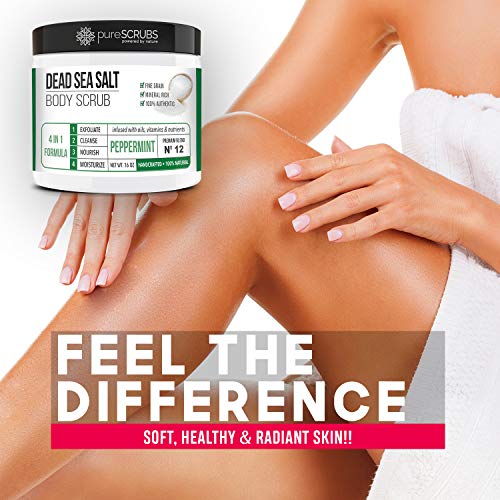 pureSCRUBS Premium Eucalyptus Body Scrub Set - Large 16oz Dead Sea Salt Body Scrub With Infused Essential Oils & Nutrients, Includes Wooden Spoon, Loofah & Oatmeal Exfoliating Bar Soap