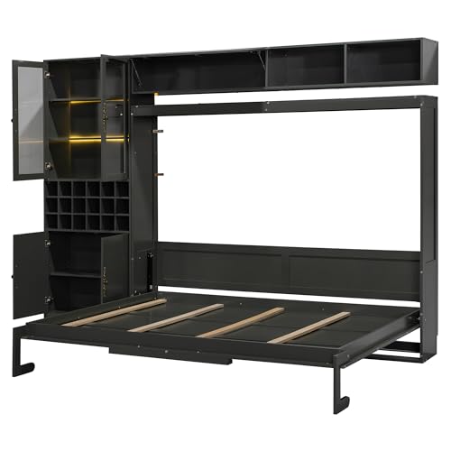 P PURLOVE Queen Murphy Bed with Sofa and Shelves, Wooden Wall Bed with USB and Light, No Box Spring Needed (White)