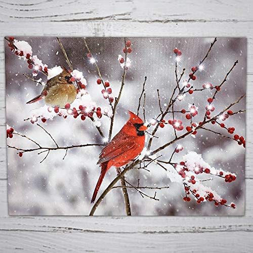 BANBERRY DESIGNS LED Cardinals Canvas Print Lighted Picture with Cardinal Couple and Holiday Berries