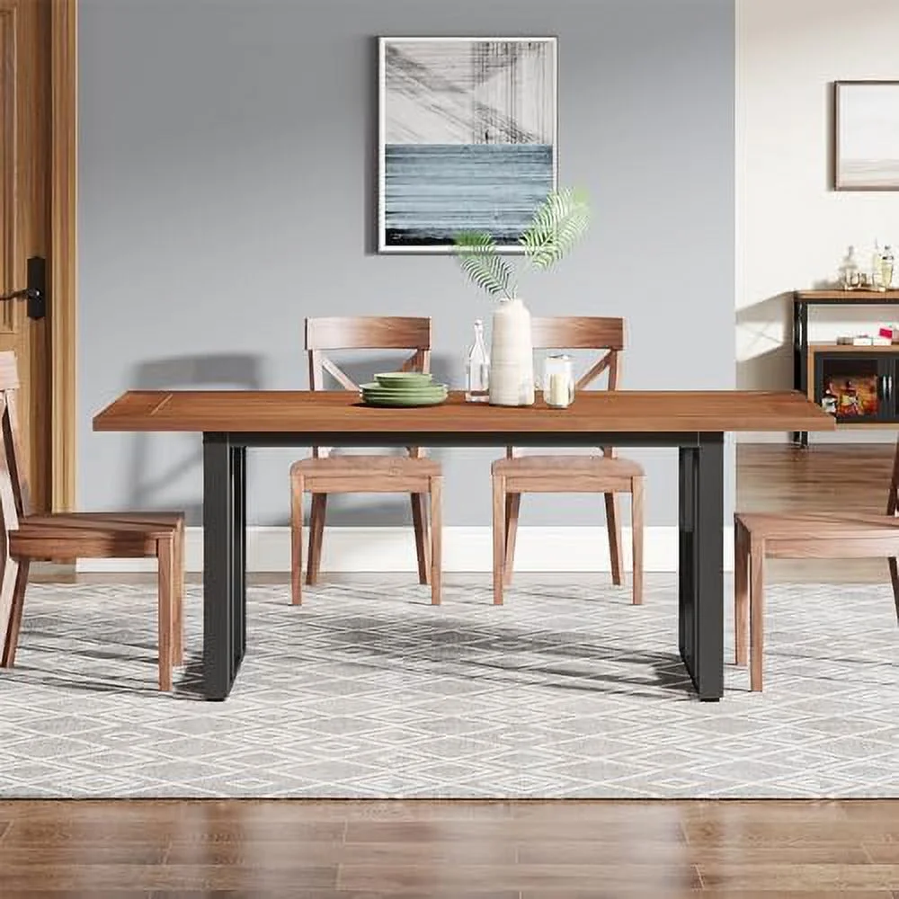 RUNFAYBIU 55 inch Dining Table with Heavy-Duty Metal Frame for 2-4 People  Rectangular Dinner Tables with Solid Wood Veneer Top for Dining Room Kitchen  Black Dark Brown (Chair not Includ