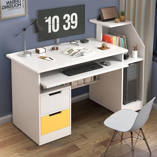 Small Computer Office Desk with 2 Drawers and 3 Hutch Shelves Writing Desk Stand Up Desk with Wide Desktop and Keyboard Drawer, Wood Executive Desk Writing Study Table Pc Desk for Bedroom W