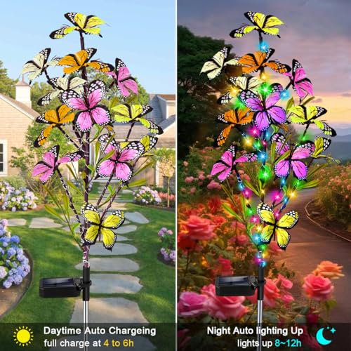 Solar Lights Outdoor, 2 Pack New Solar Butterfly Tree Lights, Solar Decorative Lights for Outside, Garden, Yard, Patio, Fence, Pathway, Gardening Gifts for Women