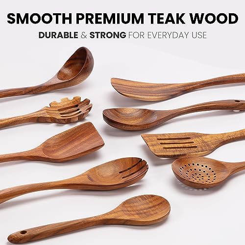 Zulay Kitchen 30-Piece Teak Wooden Utensils for Cooking - Natural Teak Utensil Set with Premium Gift Box - Non-Stick Wooden Spoons for Cooking - Kitchen Gift Set - Comfortable Grip Wooden Utensil Set