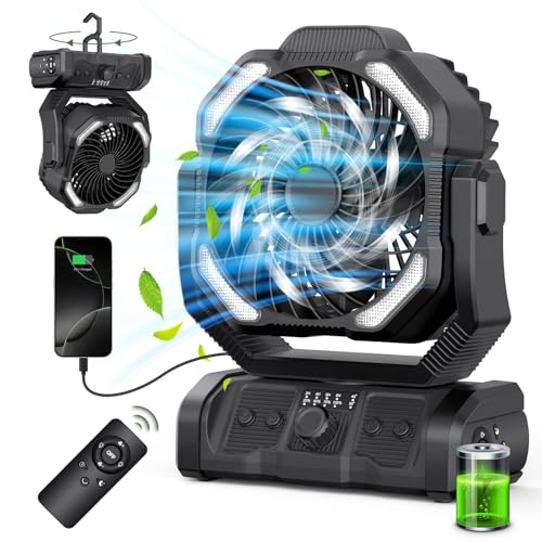 ONLYNEW Portable Camping Fan Rechargeable 20000mAh Battery Operated Oscillating Fan USB C Battery Powered with LED Lantern, Head Rotation,Timer, Remote Auto, Hook for Tents Travel Outdoor Beach Black