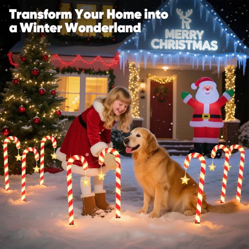 Solar Christmas Lights Outdoor Waterproof: 24-Pack Solar Candy Cane Christmas Decorations Outdoor Pathway Lights with Stakes 10 Modes, 144 LED Xmas Decorations for Yard Garden Holiday Decor