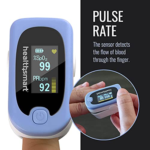 HealthSmart Pulse Oximeter for Fingertip, Displays Blood Oxygen Saturation Content, FSA HSA Eligible, Pulse Rate and Pulse Bar with LED Display, Accurate and Reliable, Batteries and Lanyard Included
