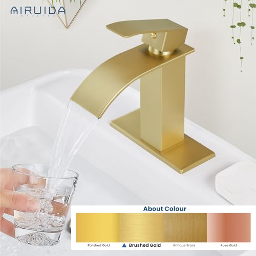 Airuida Brushed Gold Tall Waterfall Bathroom Vessel Sink Faucet Modern Bathroom Vanity Faucet Single Handle Single Hole Farmhouse Bar Mixer Tap Washbasin Faucet Deck Mount