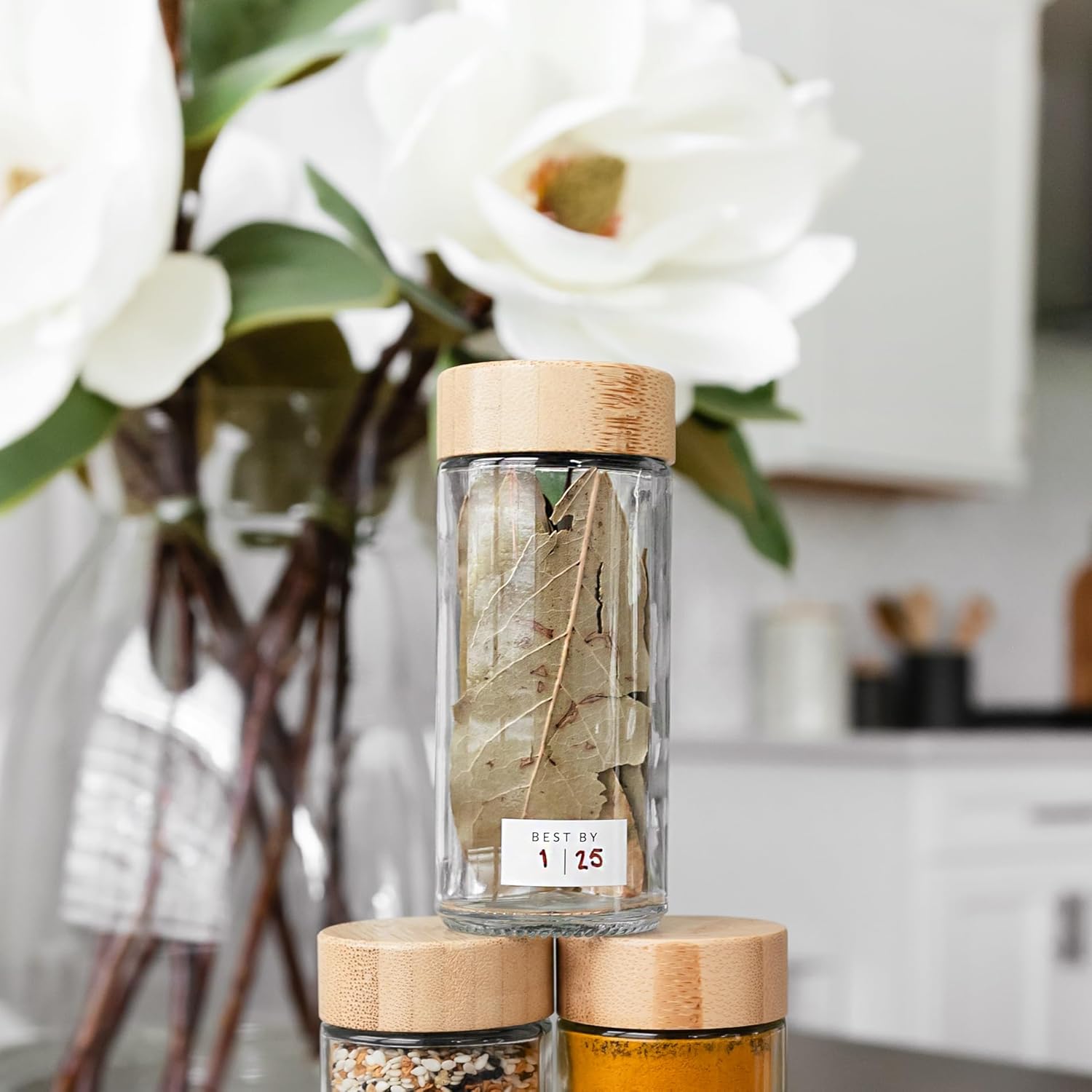 24 Glass Spice Jars with Label, Round Bamboo Spice Jar Set 4oz Seasoning Containers with Labels, 374 Spice Labels, Spice Bottles Funnel Empty Spice Jars and Shaker Lids Spice Containers and Grinder