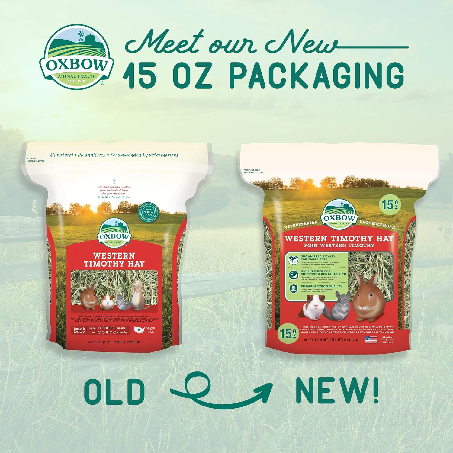 Oxbow Animal Health Western Timothy Hay - All Natural Hay for Rabbits, Guinea Pigs, Chinchillas, Hamsters & Gerbils - 15 oz. (Pack of 2)