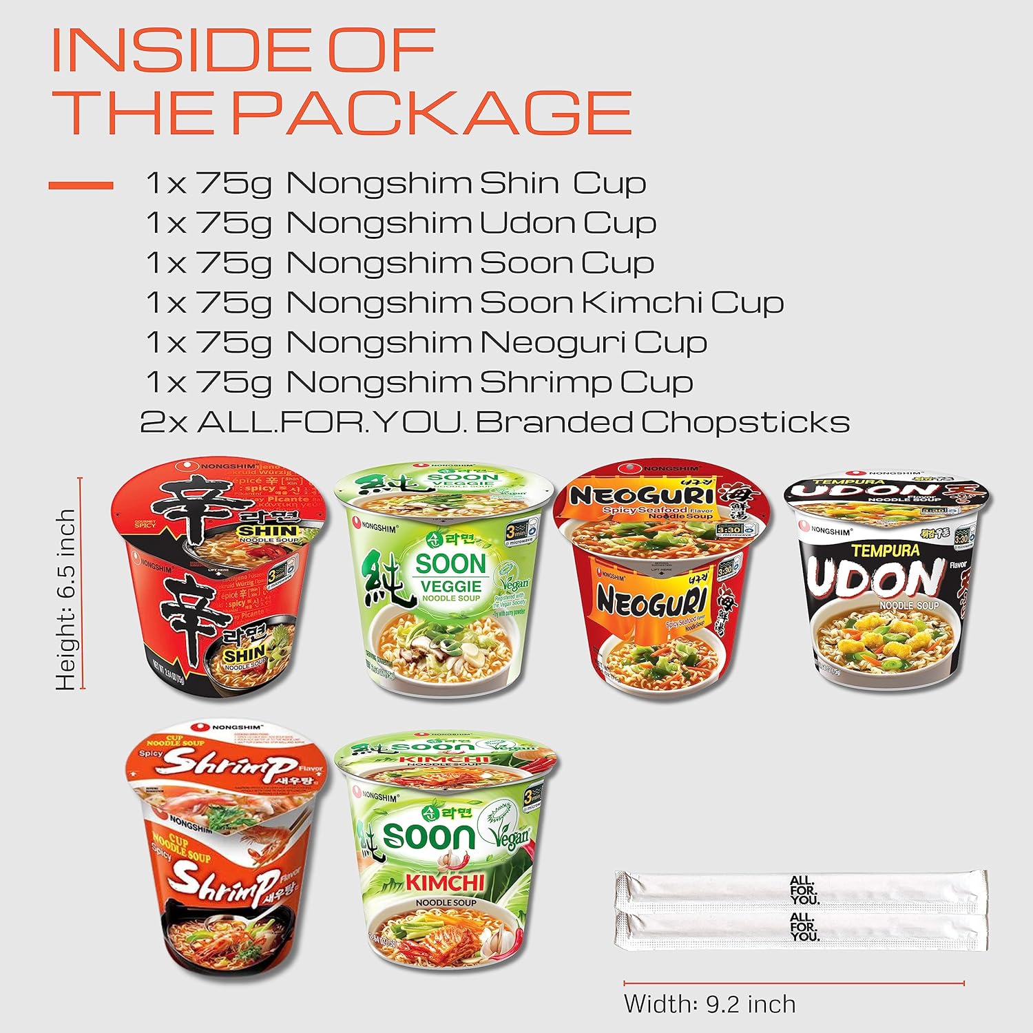 Ramen Noodles Nongshim 6 Flavor Variety Cup Noodle Combo - Shin, Udon, Soon, Soon Kimchi, Neoguri, Shrimp - Total 6 pack (75g cup ea) - Spicy Ramen Noodles Soup Asian Korean Food Nongshim Cup Noodle