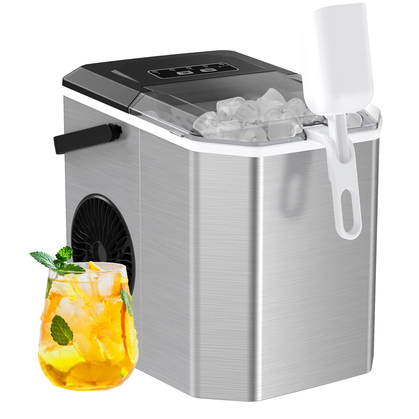 Countertop Ice Maker Machine with Handle, 9pcs/6min, 26lbs/24h, W/2 Sizes Bullet-Shaped Ice, W/Scoop & Basket, Self-Cleaning, Silver