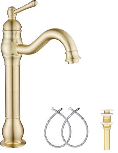 GGStudy 360° Swivel Antique Brass Bathroom Vessel Sink Faucet Single Handle One Hole Matching with Pop Up Drain