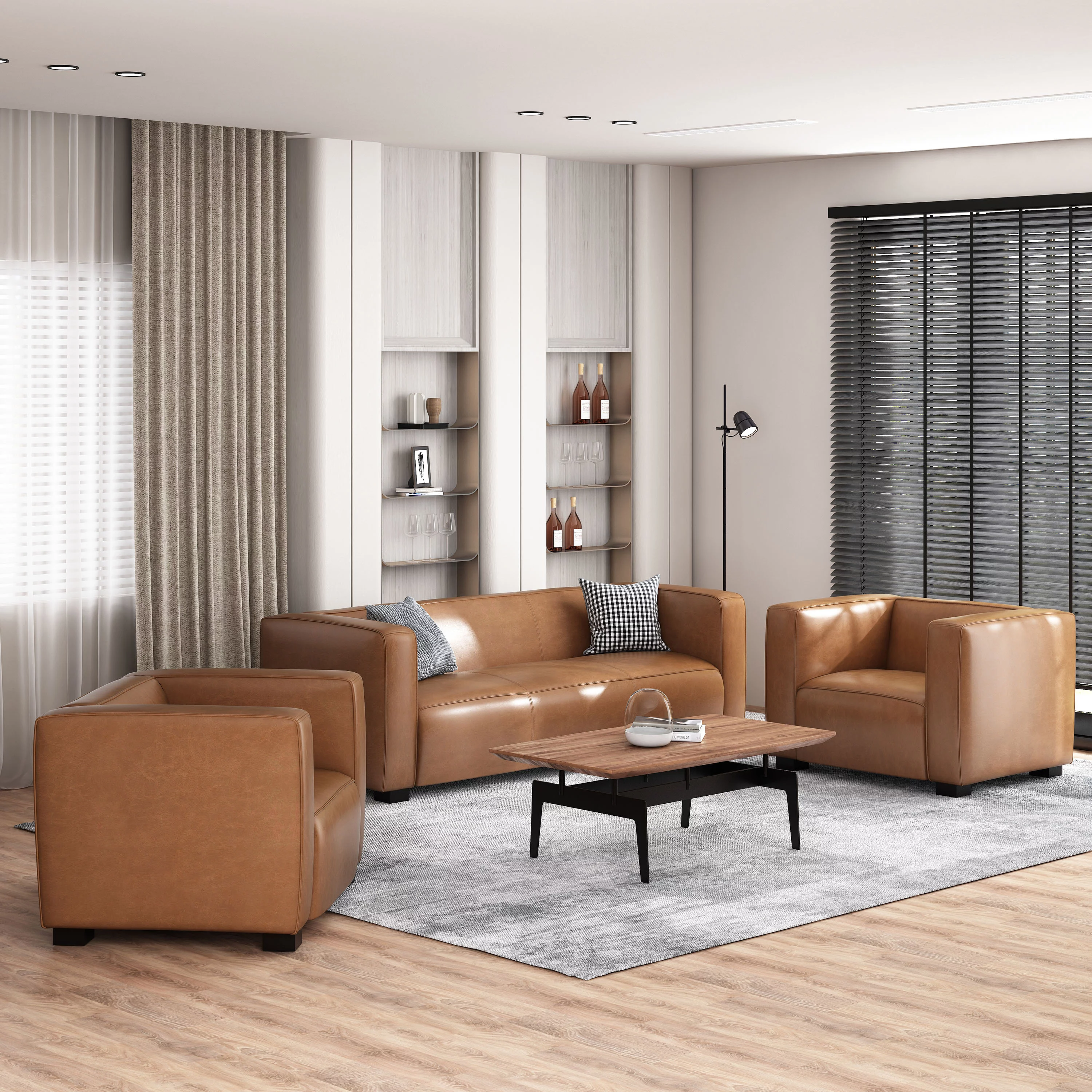 GDF Studio Minkler Contemporary Faux Leather 3 Piece Living Room Sofa Set, Cognac Brown and Dark Walnut