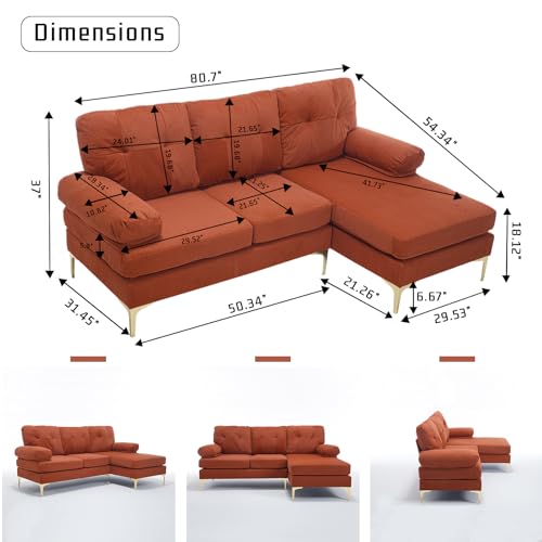 80.7'' Sectional Sleeper Sofa L Shaped Couch, Small Upholstered 3 Seat Sleeper Couch with Chaise, Chenille Fabric Minimalist Sofa with Sturdy Legs for Living Room, Bedroom, Apartment (Orange)