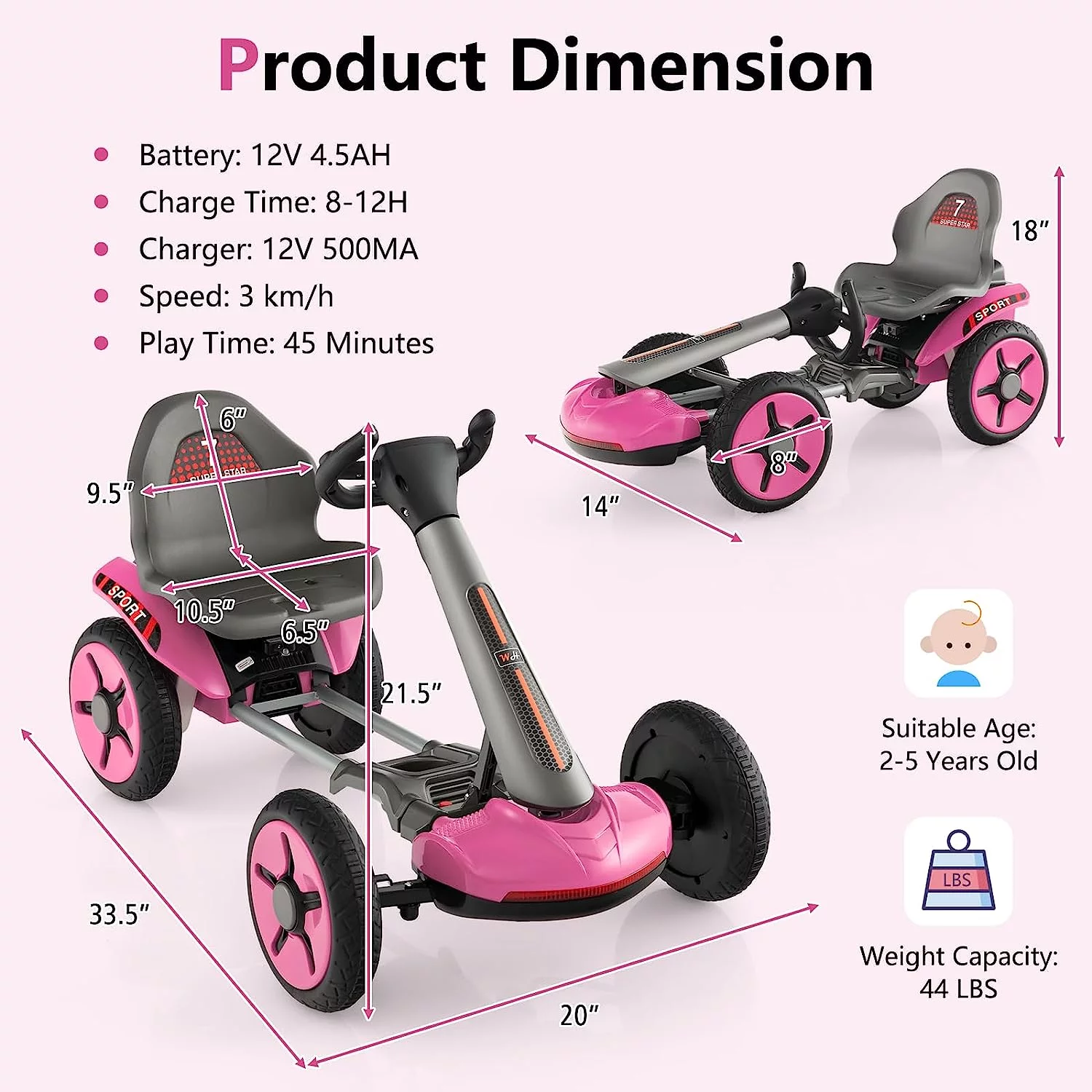 OLAKIDS Go Kart for Kids, 12V Battery Ride On Car with Adjustable Seat and Steering Wheel, Folding Wheel, Detachable Cup Holder, LED Light, Electric Go Cart for Ages 2-5 Years (Pink)