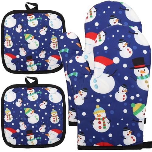 4PCS Christmas Oven Mitts and Potholders Set, Snowman Oven Mitts Pot Holders Heat Resistant Non-Slip Cooking Gloves for Christmas Holiday BBQ Cooking Baking Grilling Party Supplies