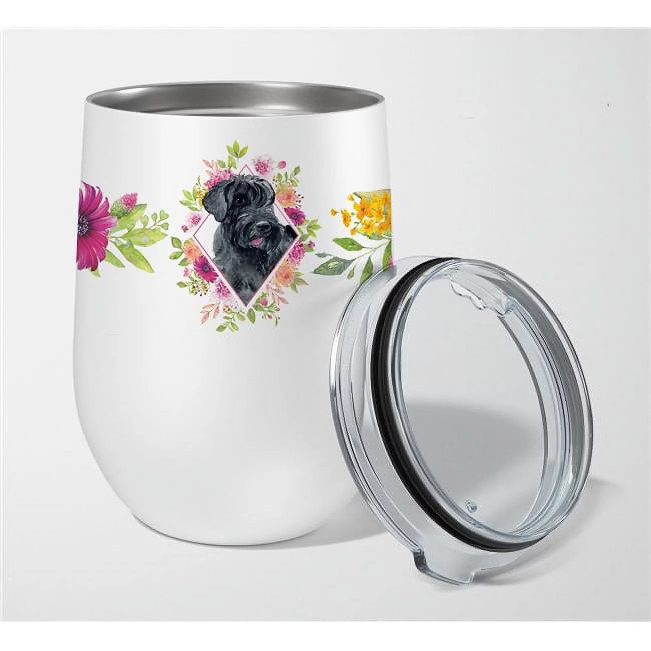 12 oz Giant Schnauzer Pink Flowers Stainless Steel Stemless Wine Glass