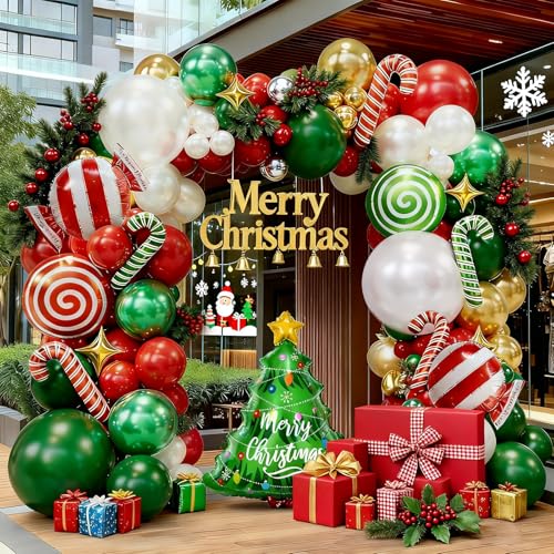 Bonropin 161pcs Christmas Balloon Garland Arch Kit with Red Green Pearl White Gold Metallic Green Balloons Candy Cane Xmas Tree Balloons Gold Star Balloon for Xmas Party Decorations