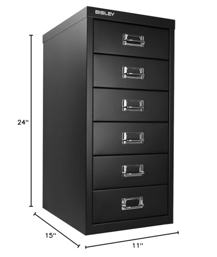 Bisley 10-Drawer Steel MultiDrawer Cabinet - Black, Chrome Pull Handles with Label Holders, Powder-Coated Steel, Removable Drawers, Fits Under Most Desks, Labels Included