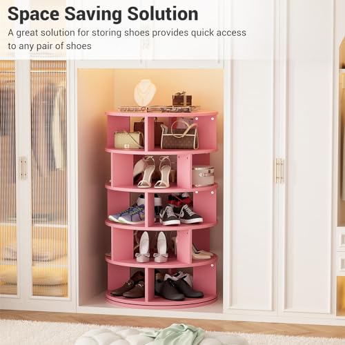 Aheaplus Rotating Shoe Rack, 5-Tier Wood Shoe Organizer for Closet, 360° Spinning Shoe Rack Tower Space-Saving Shoe Storage Shelf for Entryway, Garage, Bedroom, Pink