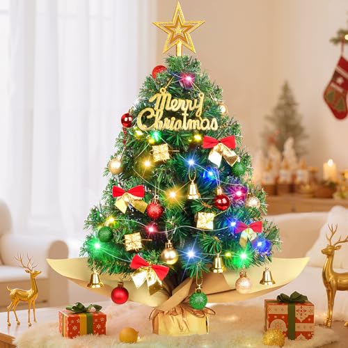 24 Inch Table Top Mini Christmas Tree Set, Christmas Table Decor with Warm-White LED Lights, Star Topper, Gift Boxes Ornaments & Hanging Ornaments, Small Christmas Tree with Lights