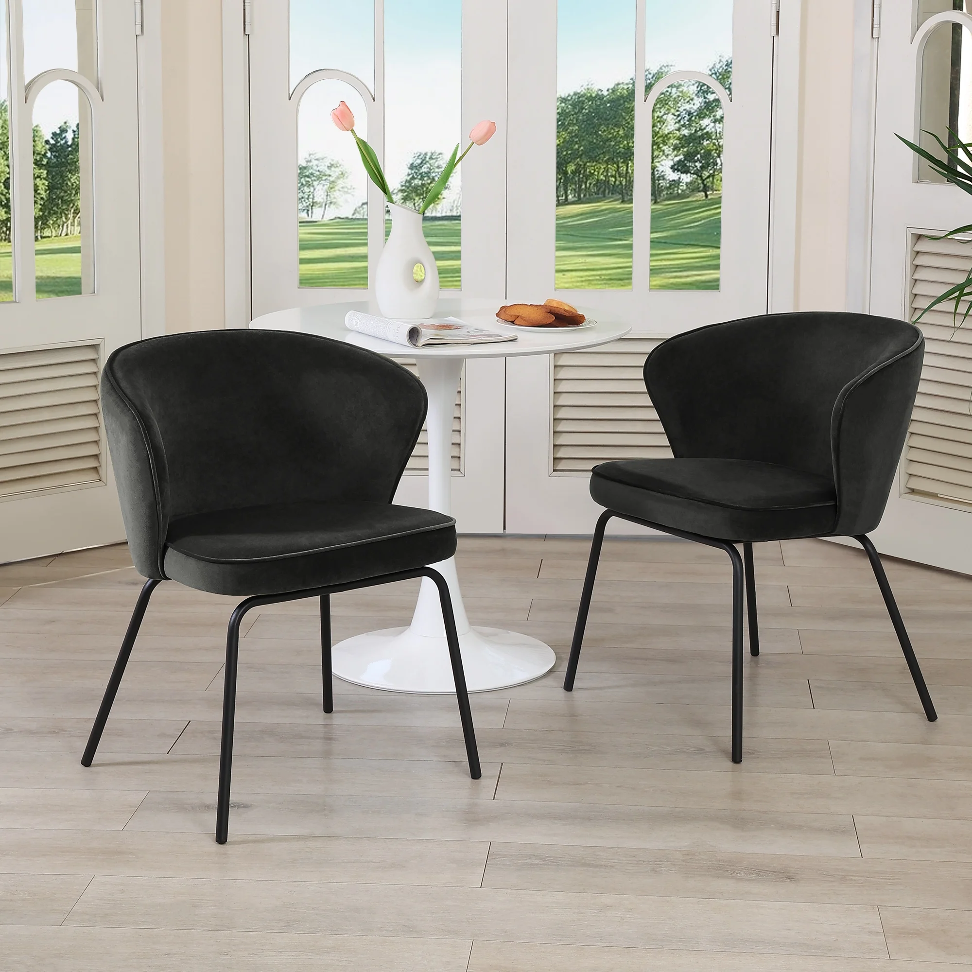 Zesthouse Velvet Dining Chairs Set of 2, Wingback Upholstered Kitchen Chairs with Black Metal Legs, Mid-Century Modern Side Chairs for Dining Living Room, Black