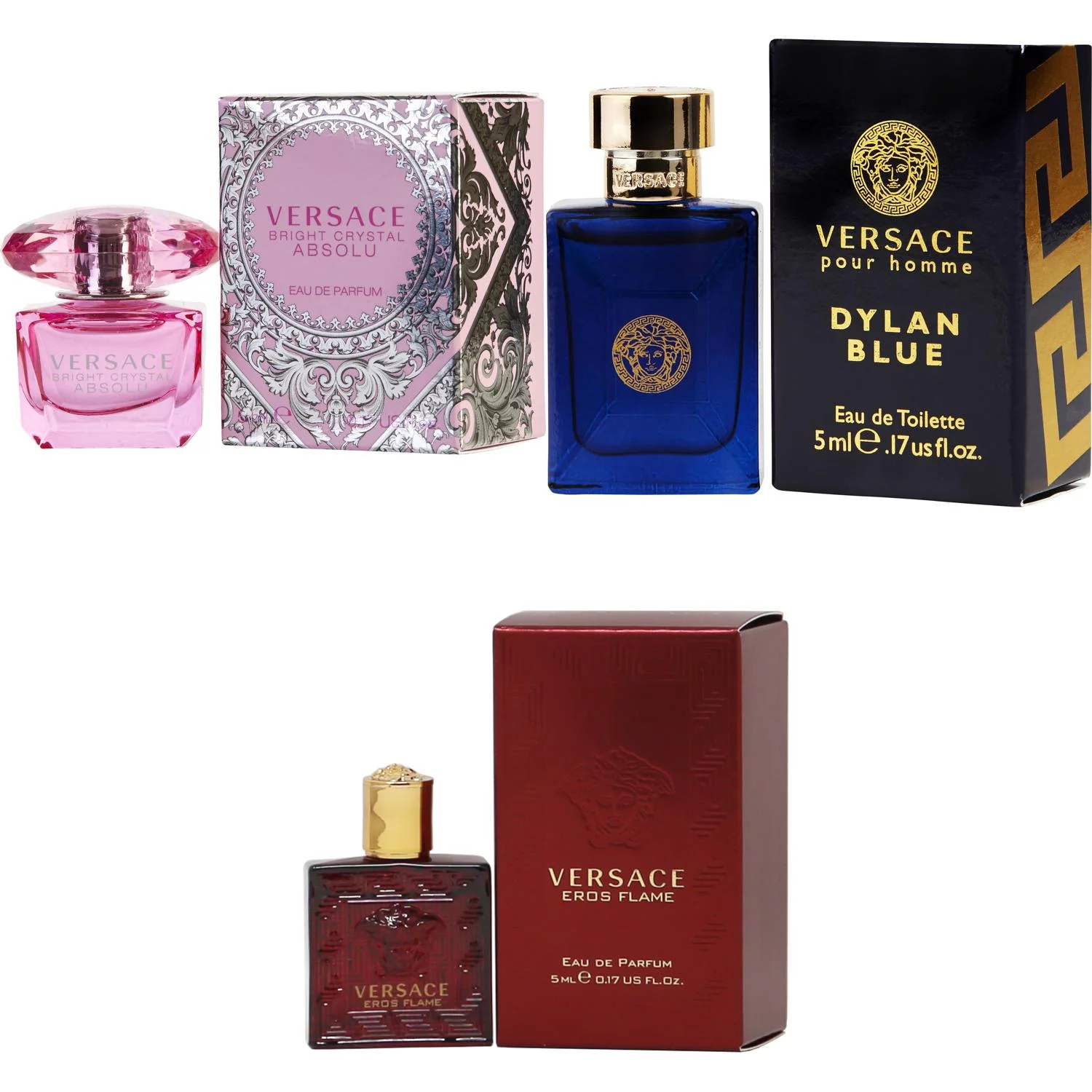 Versace Bright Crystal Absolu EDP, Dylan Blue EDT, Eros Flame EDP  - 5ml 3PK Kit