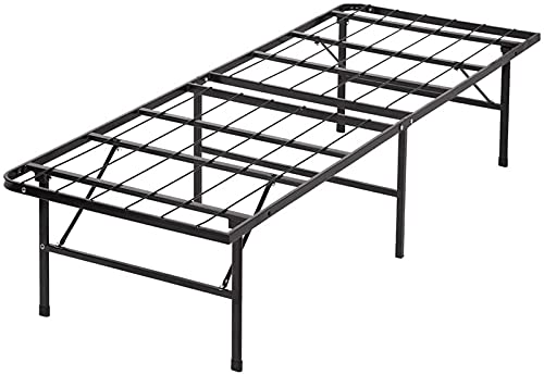 14 Inch Bed Frame Folding Twin Size Heavy Duty Metal Platform Mattress with Steel Slat Support Non-Slip Mat Under Storage Noise-Free No Box Spring Needed, Black, 75 x 37