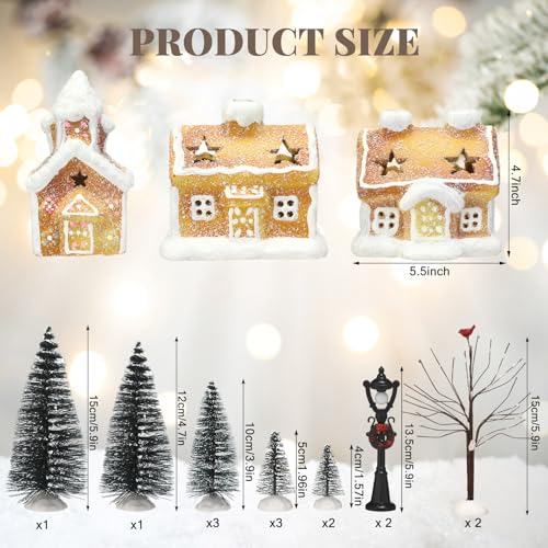 17pcs LED Christmas Gingerbread Village Sets 3 Ceramic Gingerbread Houses Decor 2 Birch Trees 10 Pine Trees 2 Streetlight Christmas Figurines for Mantel Tabletop Shelf Decor