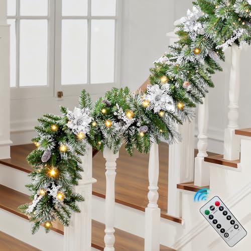 9FT Christmas Garland with Light,Pre-Lit Realistic Pine Cones/Berries&Multicolor LED Lights(with Remote Control), Christmas Garland for Mantle Fireplace Stairs Front Door, Outdoor Xmas Decor