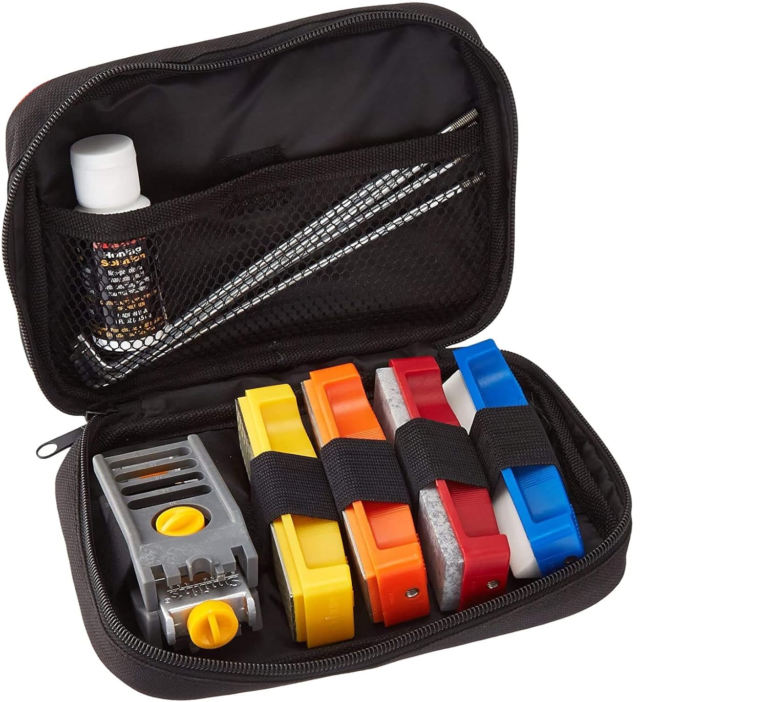 Smith’s 50591 Diamond-Arkansas Precision Knife Sharpening System - Portable Sharpening Kit w/ Pouch - 3 Sharpening Stones - Honing Solution - Serrated & Straight Blades - V-Lock Vise + Angle Guide