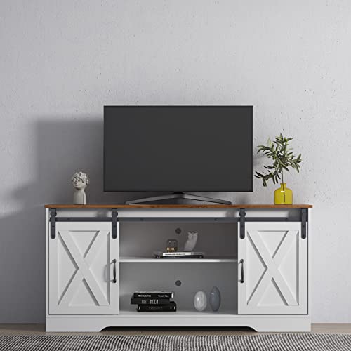 Farmhouse Wood TV Stand, Entertainment Center for Televisions up to 65 Inchs with Sliding Barn Doors, Media Furniture with Storage Cabinets for Living Room, 59 Inch, White & Rustic