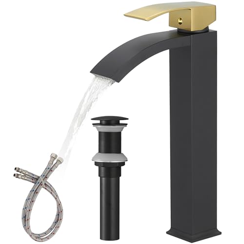 Brushed Nickel Vessel Sink Faucet, Waterfall Bathroom Faucets, Tall Spout Single Handle Single Hole Bathroom Faucets with Pop Up Drain and Without Overflow Basin Faucet Supply Line