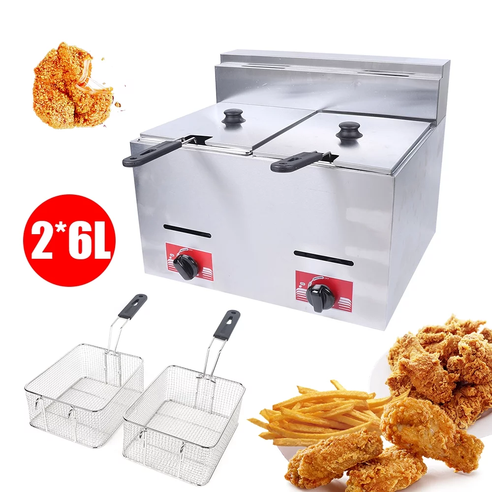 12L Stainless Steel Deep Fryer with 2 Basket and 2 Lid, Table Snack Fryer, Double Cylinder Gas Fryer, White