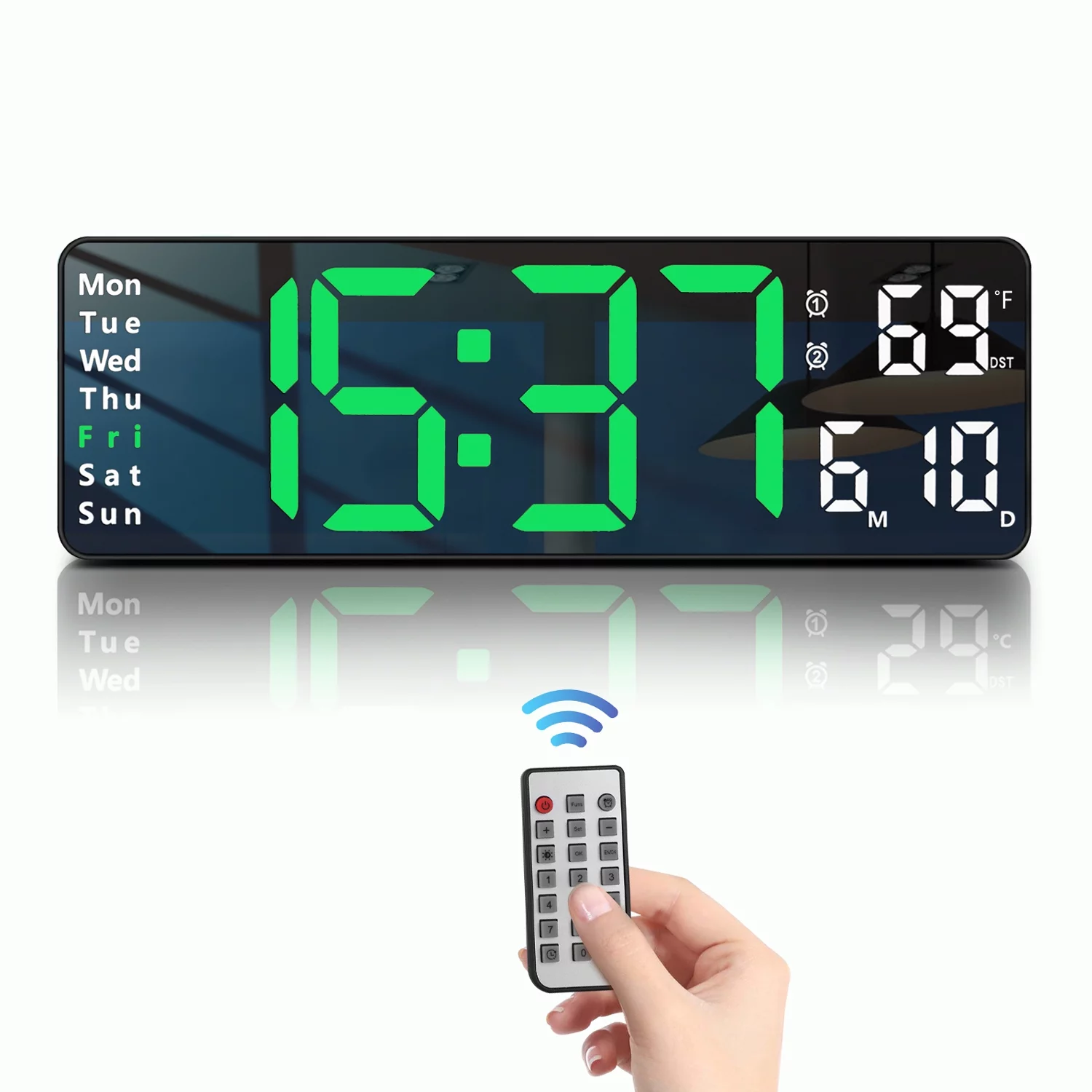 JoFomp Digital Wall Clock - Large LED Display, Loud Alarm, Remote Control, DST, Auto-Dimming, Date and Day, Timer, Temperature - 12/24H Format - Ideal for Living Room, Bedroom, Kitchen