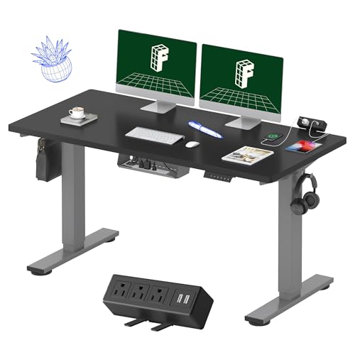 FLEXISPOT EN2 Whole-Piece Standing Desk with Clamp Power Strip, 55 x 28” Electric Stand Up Height Adjustable Desk with Cable Management (Black Frame + 55